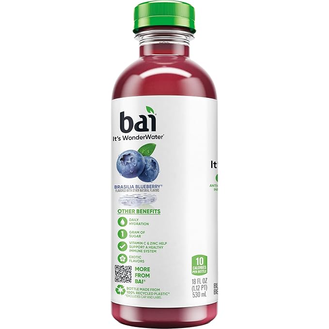 Bai Antioxidant Infused Water Beverage Brasilia Blueberry with Vitamin C and No Artificial Sweeteners 18 Fluid Ounce Bottle 12 Pack
