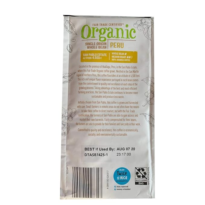 BARISSIMO Organic PERU Whole Coffee Beans Medium Roast Fair Trade Certified 100% Arabica Single Origin San Andres Estate 4500ft