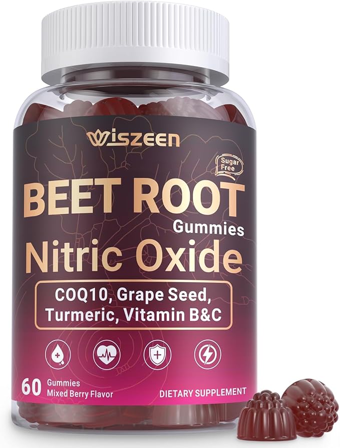 Beet Root Gummies Nitric Oxide Supplements for Men &amp Women with COQ10 Turmeric Extract Vitamin C &amp B12 Vegan Non-GMO Sugar Free 60 Cts