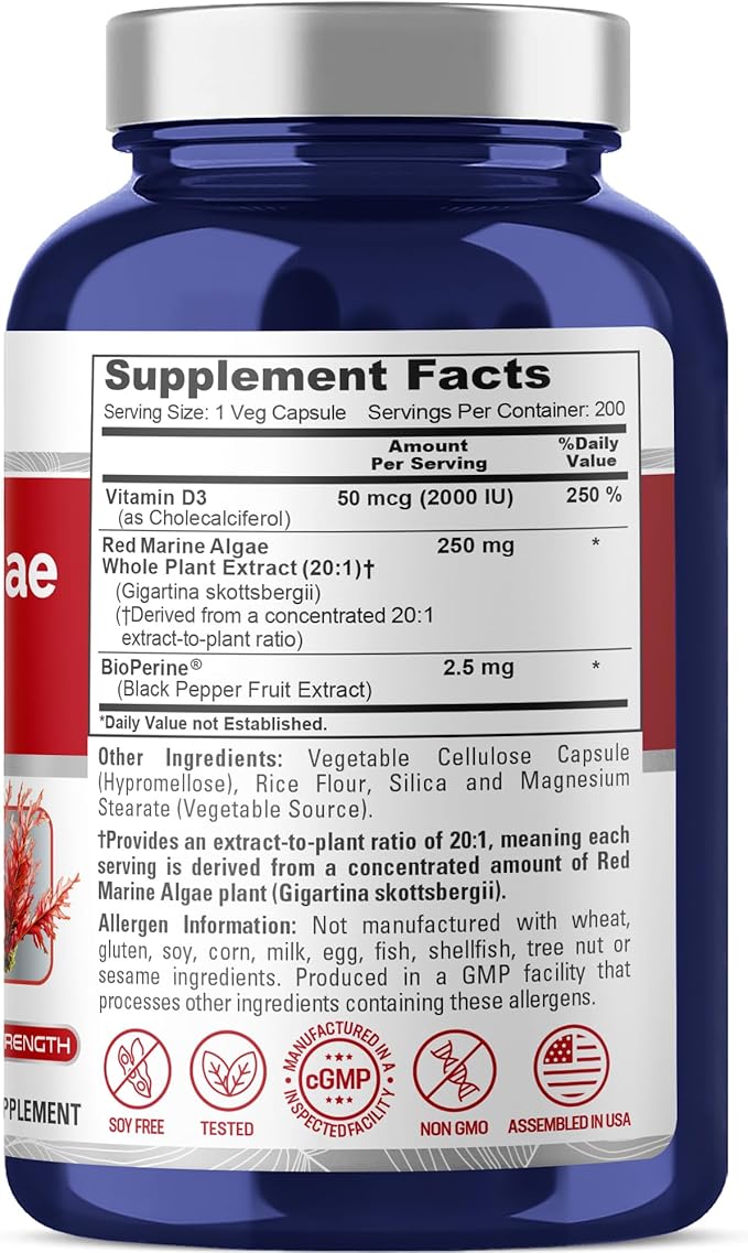NusaPure Red Marine Algae Capsules 250 mg 180 Veg Capsules (Soy Free Non-GMO)