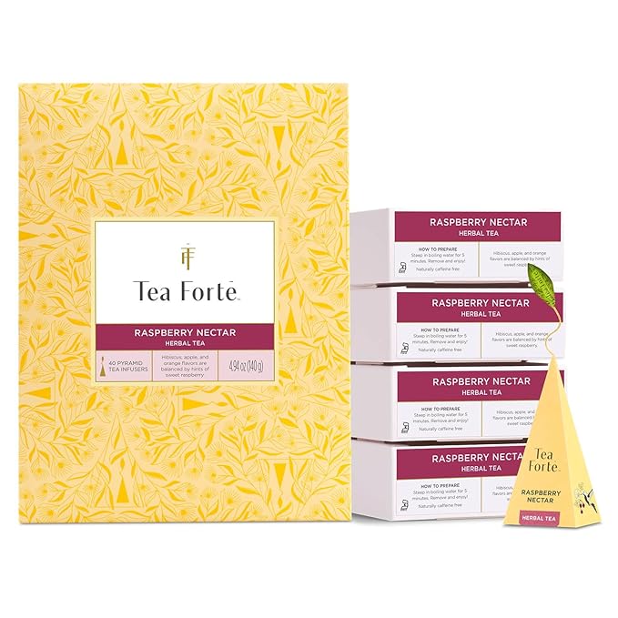 Tea Forte Raspberry Nectar Premium Caffeine-Free Herbal Tea Blend Event Box Bulk Pack 40 Count 10 per tray Individually Wrapped Handcrafted Pyramid Infusers