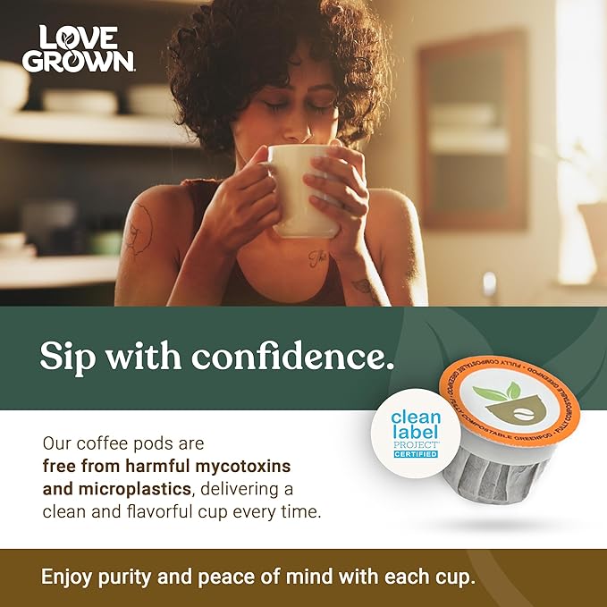 Love Grown Plastic-Free Coffee Pods 100% Arabica Single-Serve Cups Compostable Non-GMO - Compatible with Keurig Coffee Pods Machines and K-Cup Brewers Extra Dark Roast Flavor Box of 15