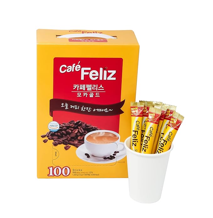 KOREA Cafe Feliz Mocha Gold Instant Coffee Mix 3-in-1 Korean Instant Coffee single serve 0.42oz(12g) per Stick 100 Sticks