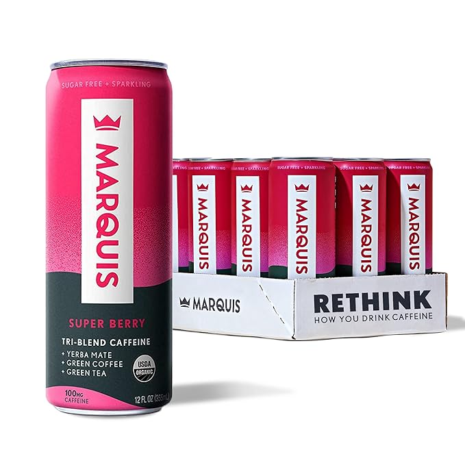 Marquis - Natural Energy Drink - Original Variety + Super Berry - Sugar Free - 0 Calories - 100mg of Organic Plant Based Caffeine - Yerba Mate - Green Tea - Vitamin C &amp B Vitamins - Vegan - 24 Pac