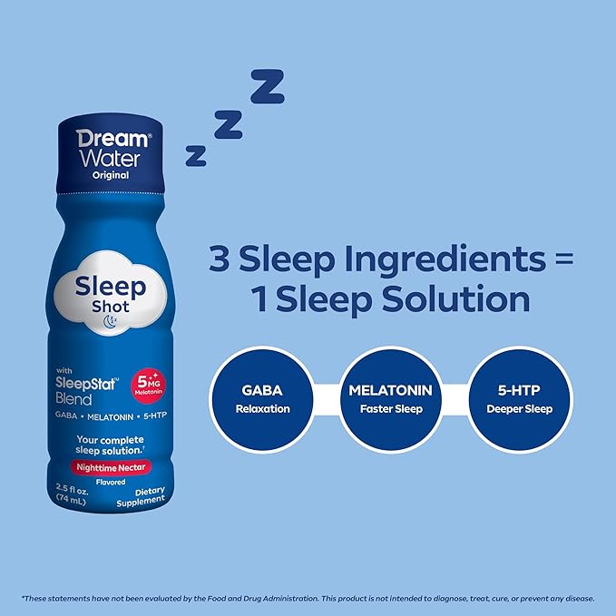 Dream Water Sleep Aid Supplement Drink Melatonin 5mg GABA 5-HTP 2.5 oz Sleep Water Snoozeberry + Nighttime Nectar 24-Pack