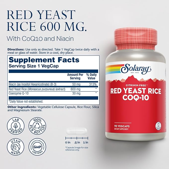 SOLARAY Red Yeast Rice Plus CoQ-10 &amp No-Flush Niacin Vitamin B-3 Healthy Heart &amp Cardiovascular Support Non-Irradiated &amp Citrinin Free 60 Day Money Back Guarantee 90 Servings 90 VegCa