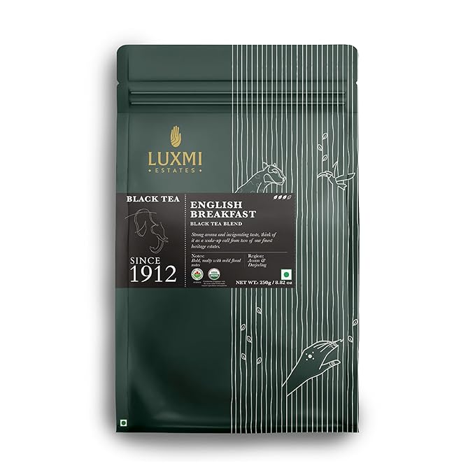 Luxmi Estates English Breakfast Tea 250g Loose Leaf Tin | A Tale of Two Estates | Certified Organic Black Tea leaf | Smooth Flavorful Robust Caffeinated | Darjeeling &amp Assam Tea from India | 12