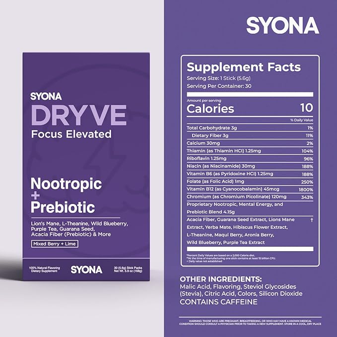 SYONA - DRYVE - Berry-Lime Nootropic Drink Mix - Focus and Energy with Lion's Mane Guarana Seed L-Theanine and Prebiotic Blend - 30 Stick Packs
