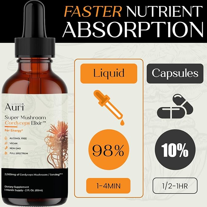 Auri Nutrition Super Mushroom Cordyceps Elixir for Stamina Natural Energy Youthfulness and Longevity with Full Spectrum Support - Cordyceps Tincture 60 ml