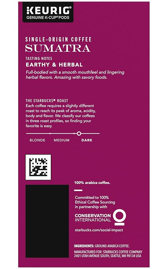 Starbucks Sumatra Single-Origin Coffee K-Cup Pods Dark Roast Ground Coffee with Earthy &amp Herbal Flavor 24 CT K-Cup Pods Per Box (Pack of 2 Boxes)