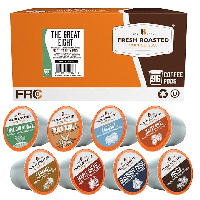 Fresh Roasted Coffee The Great Eight Flavored Coffee Pod Variety Pack K-Cup Compatible 96 Count