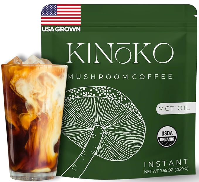 Kinoko USDA Organic Mushroom Coffee 30 Servings with MCT Oil Instant Creamy Coffee Mix with 7 Adaptogenic Mushrooms for Focus Energy &amp Wellness USA Grown