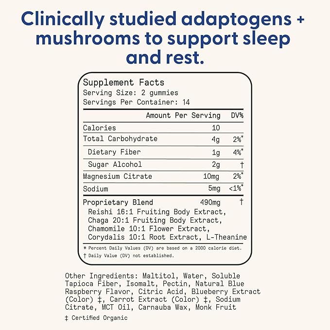SuperMush Sleep Gummies for Adults - Mushroom Supplement with Magnesium Citrate L-Theanine Chaga Reishi &amp Chamomile for Deep Sleep REM &amp Detox - Vegan &amp Sugar-Free - 28 Gummies (14 Ser