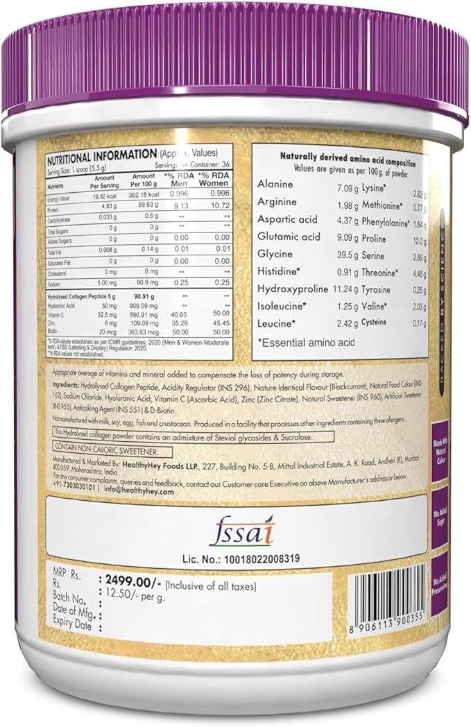 Collagen Powder 200g | Hydrolysed Collagen for Women and Men with Hyaluronic Acid Biotin and Vitamin C for Healthy Skin Hair and Nails - (Black Currant 200gm)