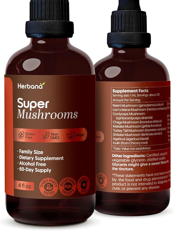 Super Mushroom Complex 8 in 1 Liquid Extract - 4 fl oz Drops with Reishi Lion’s Mane Cordyceps Chaga Maitake Turkey Tail Shiitake Agaricus for Focus Immune Wellness and Daily Energy