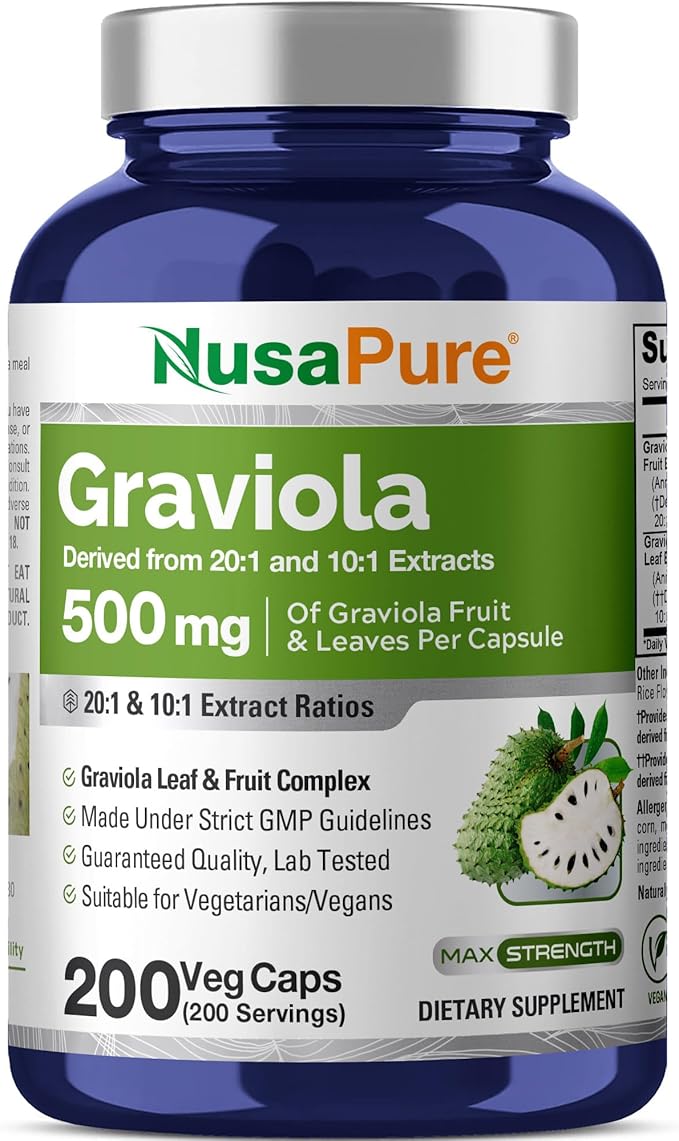 NusaPure Graviola Capsules 250 mg 200 Veg Capsules (Non-GMO Vegan)