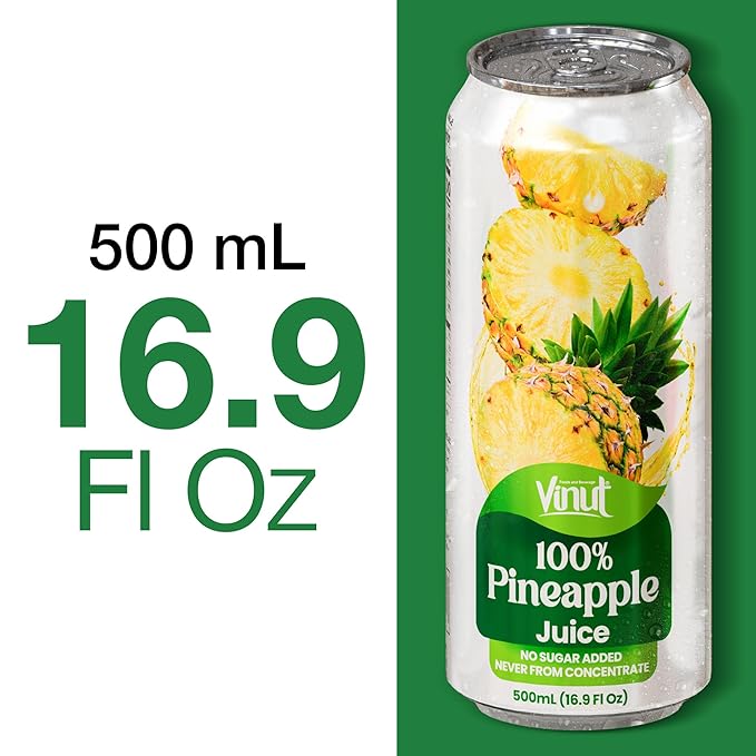 VINUT 100% Pineapple Juice No Added Sugar Not From Concentrate 16.9 fl oz (500 mL) Can Pack of 12