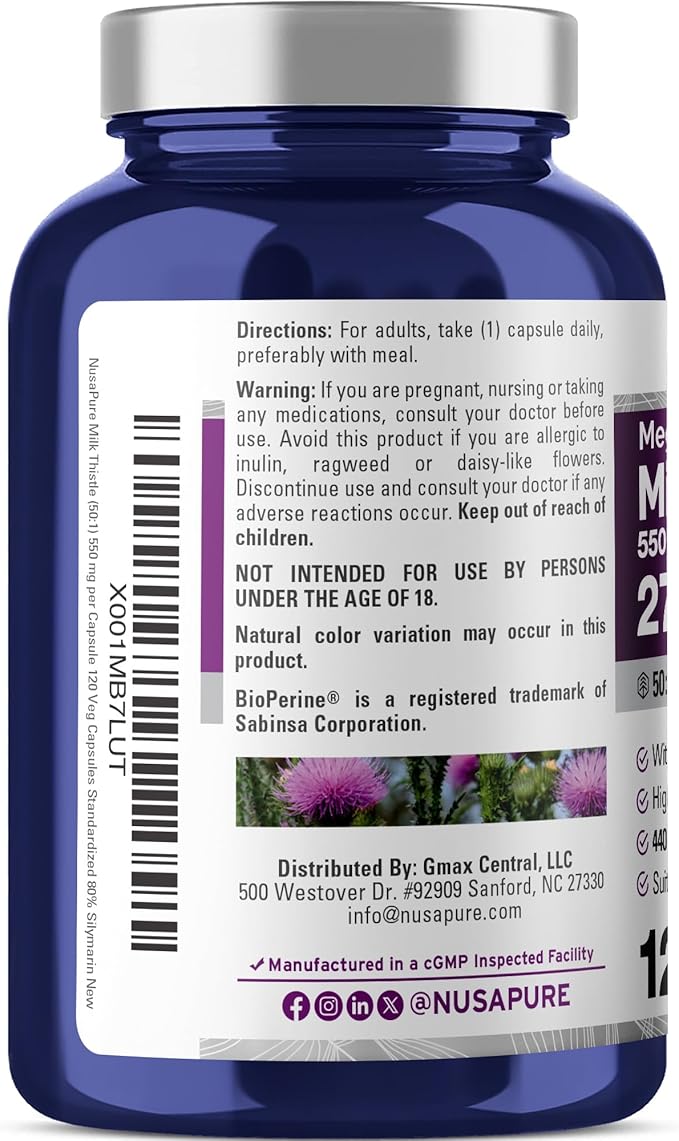 NusaPure Milk Thistle Capsules 550 mg 120 Veg Capsules (Non-GMO Vegan)