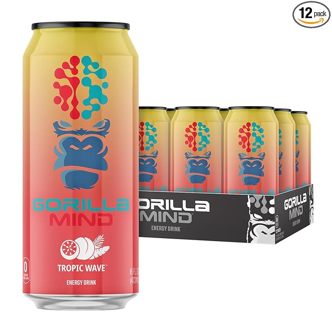 Gorilla Mind Energy Drink | Unmatched Energy · Amplified Focus | N-Acetyl-L-Tyrosine Alpha-GPC 200mg Caffeine Uridine Saffron | 0 Sugar Or Artificial Colors | 16oz 12-Pack (Tropic Wave)