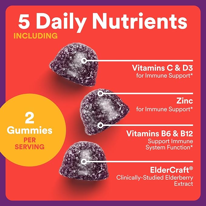SmartyPants Kids Immunity Elderberry Gummies: Kids Immune Support Supplement Vitamin C Vitamin D Vitamins B6 &amp B12 and Zinc Gluten Free Elderberry Flavor 60 Count (30 Day Supply) (Pack of 2)