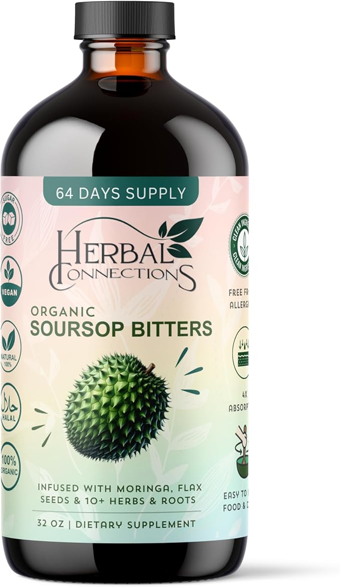 Soursop Bitters Liquid 32 Ounces - 64 Servings - 20 Herb Formula with Soursop Moringa Sea Moss Turmeric Ginger &amp Cayenne | Gut Health Natural Cleanse &amp Daily Wellness | Vegan &amp Organi