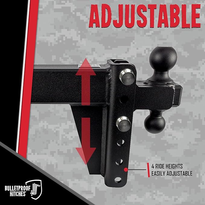 BulletProof Hitches - 3.0 Adjustable Heavy Duty Trailer Hitch (22000 lb. Rating) - 6 Drop/Rise Trailer Hitch with 2 &amp 2-5/16 Dual Ball - Powder Coat Solid Steel Corrosion-Resistant