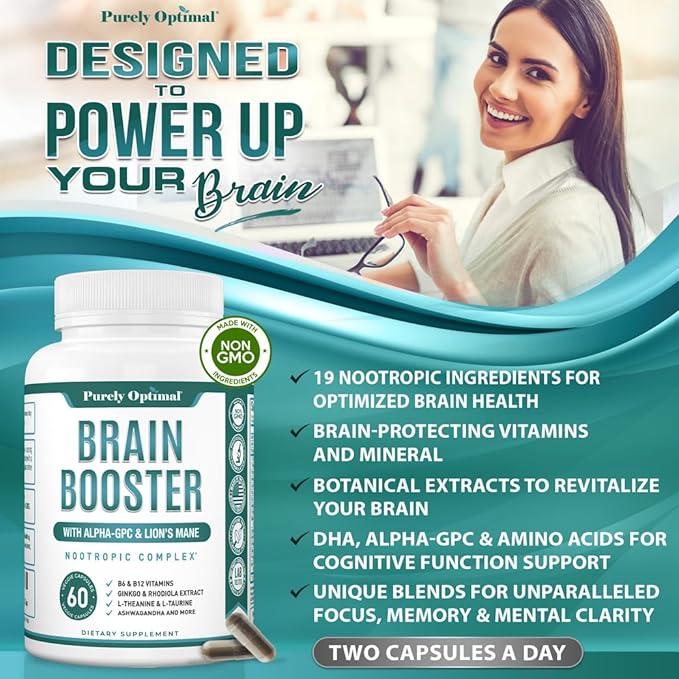 Purely Optimal Brain Booster Nootropic Supplement – Brain Support for Memory Focus Clarity Jitter-Free Energy for Adults Seniors– with Ginkgo Biloba Alpha GPC Lion’s Mane – 60 Capsules