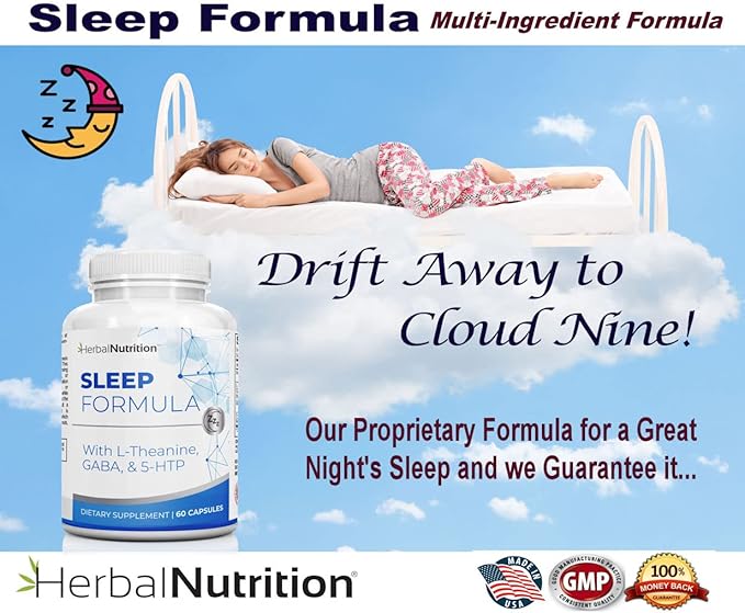 Herbal Nutrition Sleep Support Supplement Sleep Formula is a Multi-Ingredient Sleep Supplement with Melatonin GABA L-Theanine and More Sleep Like You are on Cloud 9! One 60 Ct Bottle