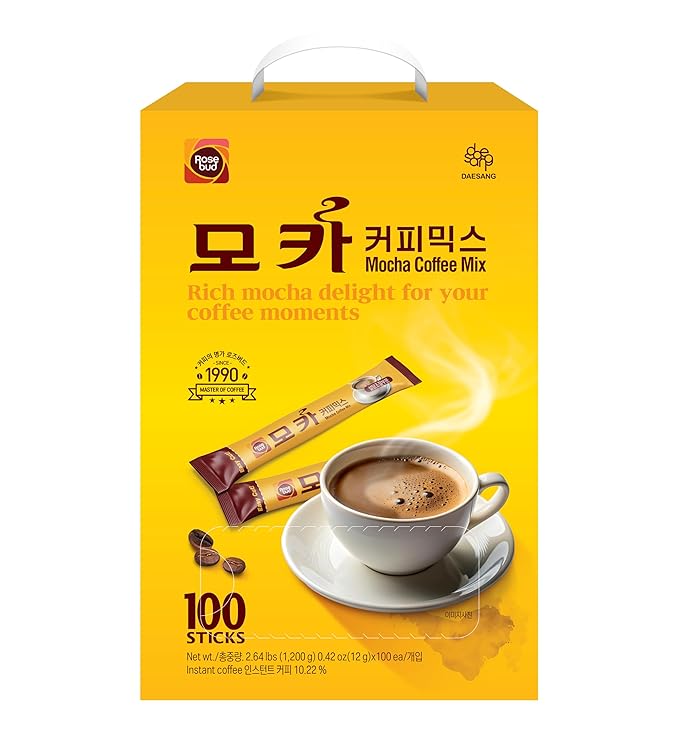 Rosebud Coffee Mix 100 Sticks – Korean Instant 3-in-1 Coffee with Sugar Cream &amp Cocoa – Smooth Sweet &amp Creamy Flavor – Easy to Make Café-Style Coffee Anywhere – Perfect for Home Office Tra