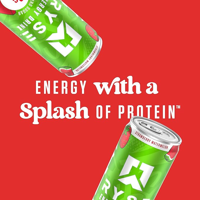 RYSE Functional Energy Drink - Strawberry Watermelon - 150mg Natural Caffeine 8g Whey Protein &amp 1g Prebiotics - Sugar Free Gut-Friendly Bloat-Free - 12 fl oz Cans (12-Pack)