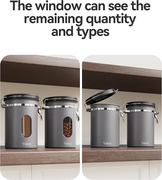Veken Coffee Canister with WindowAirtight Stainless Steel Kitchen Food Storage Container Date Tracker &amp Scoop for Grounds Coffee Beans Tea Flour CerealSugar22OZGrey