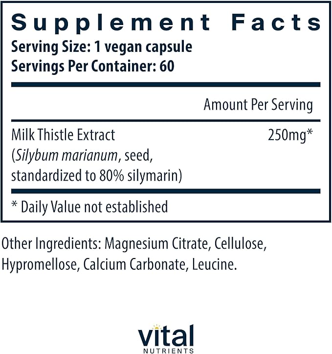 Vital Nutrients Milk Thistle Extract 250mg - Vegan Milk Thistle Supplement for Liver Function &amp Detox - Antioxidant Support for Glutathione Production - Gluten Dairy Soy Free - Non-GMO - 60 Caps