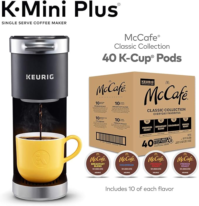 Keurig K-Mini Plus Coffee Maker with McCafé Classic Collection Variety Pack 40 Count K-Cup Pods