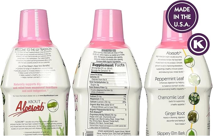 Lily Of The Desert Stomach Formula Organic Aloe Vera Juice with Slippery Elm Chamomile Peppermint and Ginger for Gut Health Acid Reflux Heartburn Relief 32 Oz (Pack of 2)