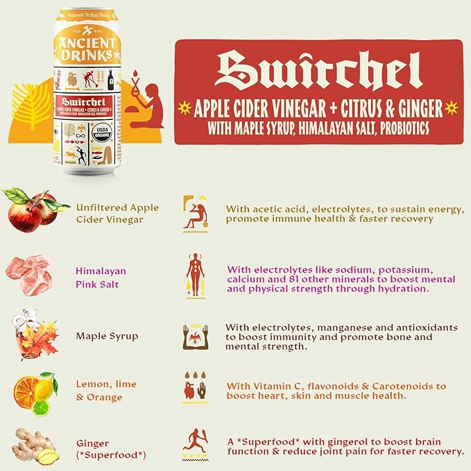 ANCIENT DRINKS Switchel Apple Cider Vinegar Drink – Organic Electrolyte Hydration Beverage with Probiotics – Ginger Citrus ACV Sports Drink – 16 oz Cans 12 Pack
