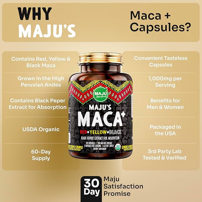 Maju Superfoods 4-in-1 Maca Root Capsules Organic Black Yellow &amp Red Roots w Black Pepper Extract for Absorption (120 ct) | Peru Product Peruvian Powder Men &amp Women Supplement 60000 mg