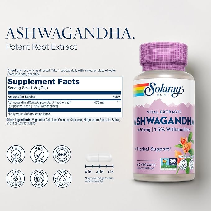SOLARAY Vital Extracts Ashwagandha 470mg - Powerful Adaptogen - Ashwagandha Supplements w/ 7mg Withanolides Wellness Support Vegan Non-GMO Lab Verified 60-Day Guarantee 60 Servings 60 VegCaps