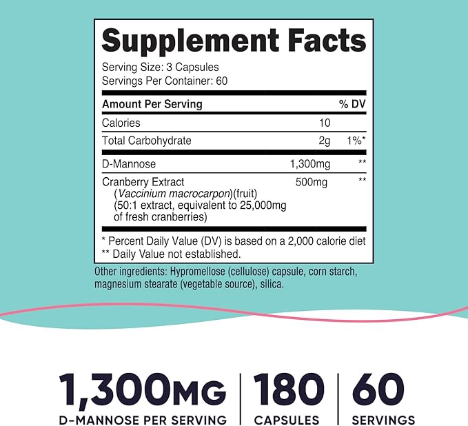Nutricost D-Mannose with Cranberry Extract for Women 180 Capsules for 60 Servings Per Bottle - Vegan GMO Free and Gluten Free