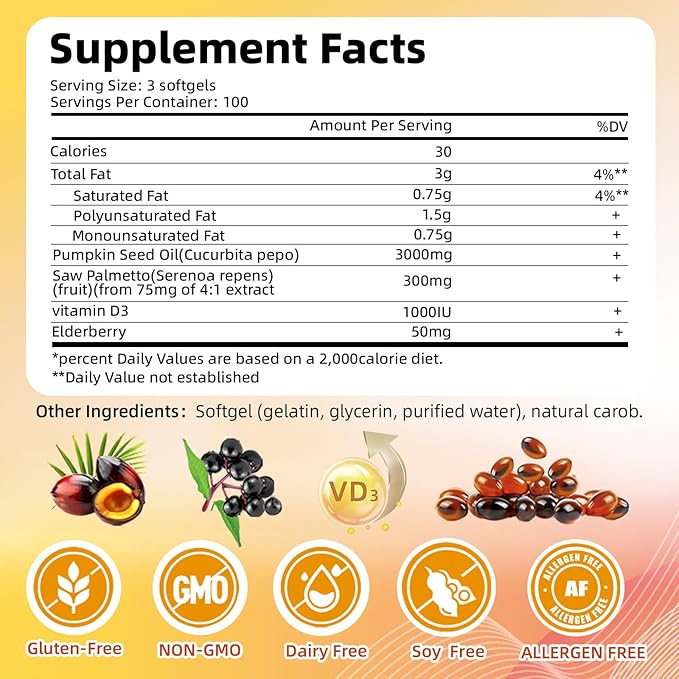 4-in-1 Pumpkin Seed Oil 3000mg with Saw Palmetto &amp Vitamin D3 – Cold Pressed Softgels for Hair Prostate &amp Bladder Wellness – Non-GMO 300 Capsules (100-Day Supply)