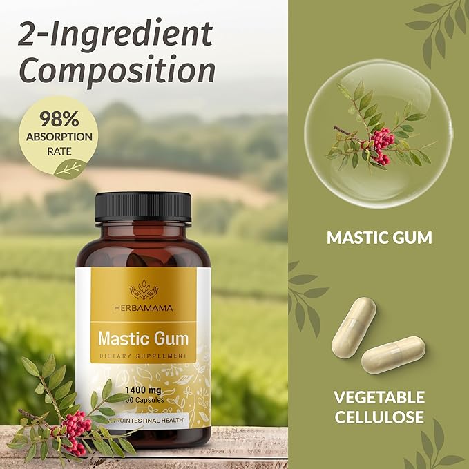 HERBAMAMA Mastic Gum Capsules 1400mg - Gut &amp Digestive Support with Mastic Gum Supplement - Vegan Non-GMO Resin Digestion Capsules