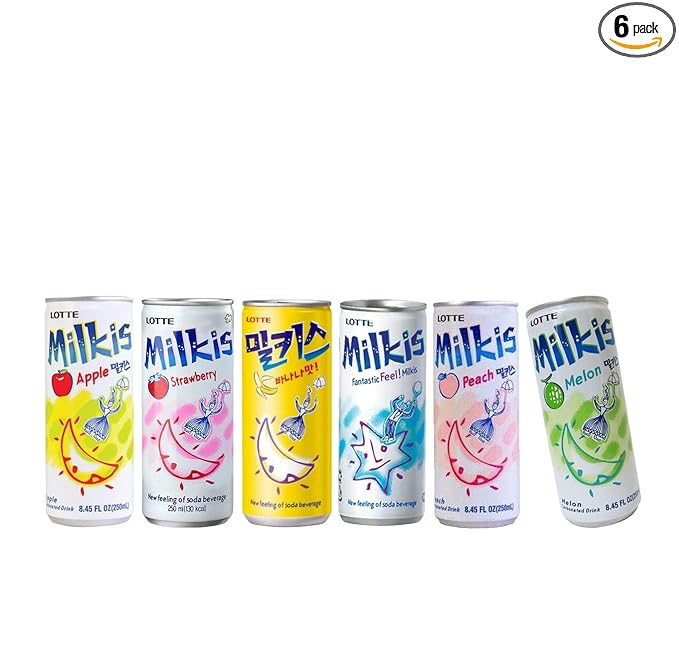 Lotte Milkis 6 Flavors Combo (Original Apple Melon Peach Banana &amp Strawberry) (6 Flavors Pack of 1)