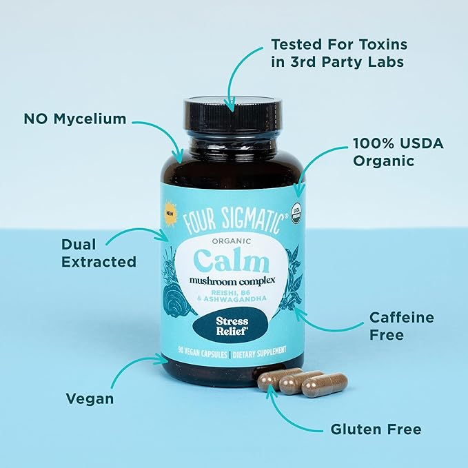 Four Sigmatic Calm Capsules | Vegan Stress Relief Supplement to Promote Positive Mood with Organic Ashwagandha Powder Organic Reishi Mushroom Tulsi (Holy Basil Extract) Vitamin B6 | 30 Servings
