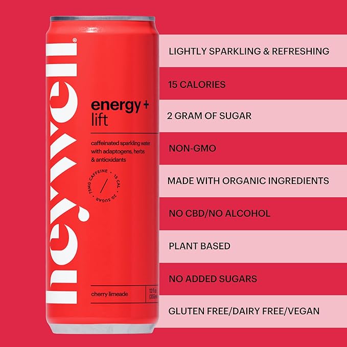 Heywell Sparkling Adaptogenic Water Energy and LIft Cherry Limeade Flavor 12 Fluid Ounce (Pack of 12) - Caffeinated Organic Non GMO Vegan Gluten Free Dairy Free