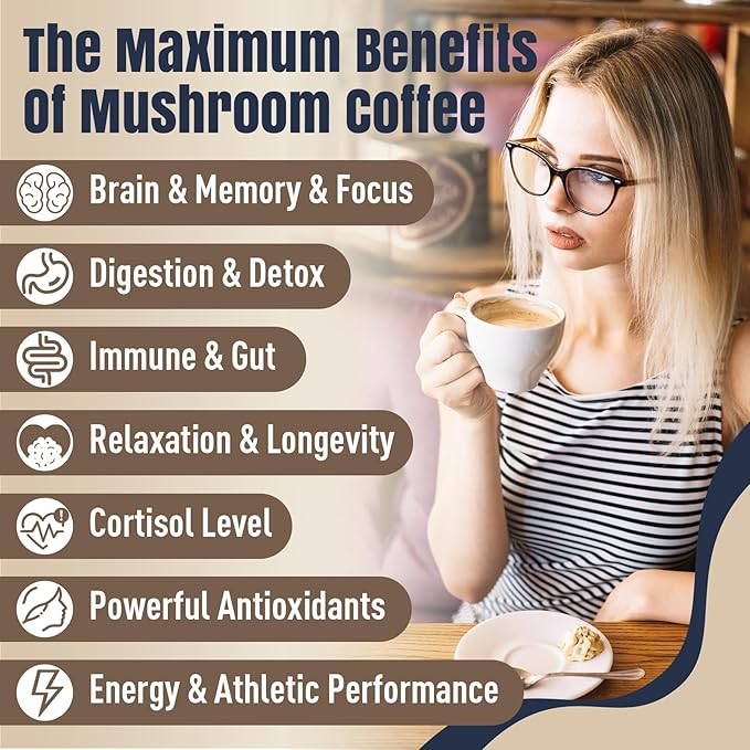 Mushroom Coffee 11 Superfood Mushrooms includes Lion's Mane Reishi Chaga &amp Ashwagandha Instant Mushroom Coffee Organic for Energy Memory Digestion &amp Detox Low Caffeine &amp Sugar Free