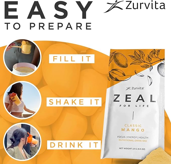 Zurvita - Zeal for Life Wellness Drink Mix - Classic Mango Flavor - Gluten-Free Vegan with Biotin Vitamins and Minerals for Health - 10 Packets