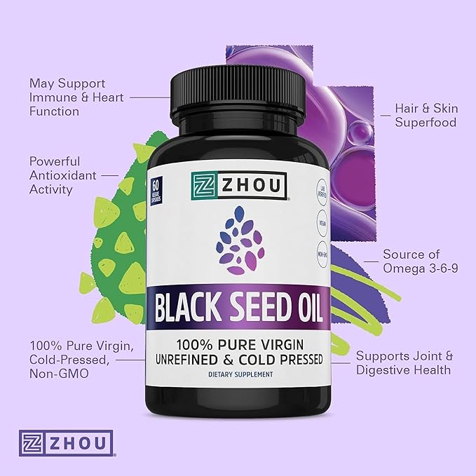 ZHOU Black Seed Oil &amp Capsules - Black Cumin Seed Oil Cold Pressed Pure Unrefined Nigella Sativa Premium Supplement for Health Hair &amp Skin - 8 fl oz Bottle &amp 60 Capsules