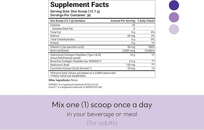 VERISOL® Hydrolyzed Collagen Peptides Type I &amp III with Vitamin C Hyaluronic Acid Biotin Q-ACTIN® | Unflavored Powder for Smooth Skin Thick Hair Strong Nails &amp Joint Health | 30 Servings
