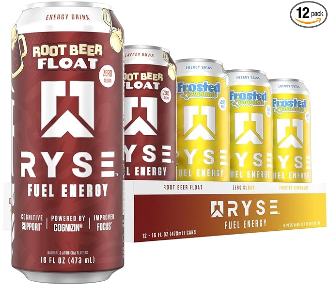 RYSE Fuel Energy Drink - Variety Pack (6 Frosted Lemonade &amp 6 Root Beer Float) - Sugar Free - 200mg Natural Caffeine New Formula to Supports Cognitive Health &amp Improves Focus - 16 fl oz (12-P