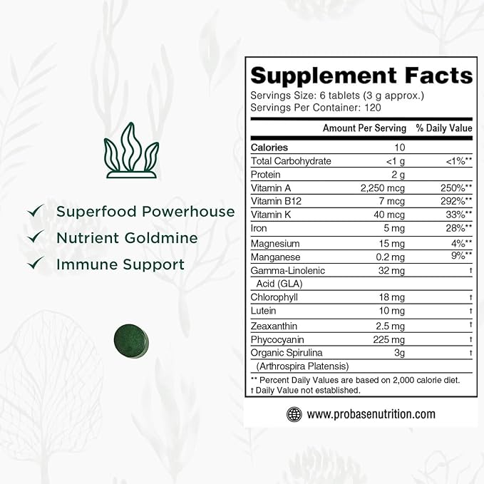 Probase Nutrition Organic Spirulina Supplement 3000MG Per Serving 720 Tablets (4 Month Supply) No Filler &amp Non-GMO Rich in Vegan Protein Vitamins &amp Prebiotics Premium Spirulina Pills