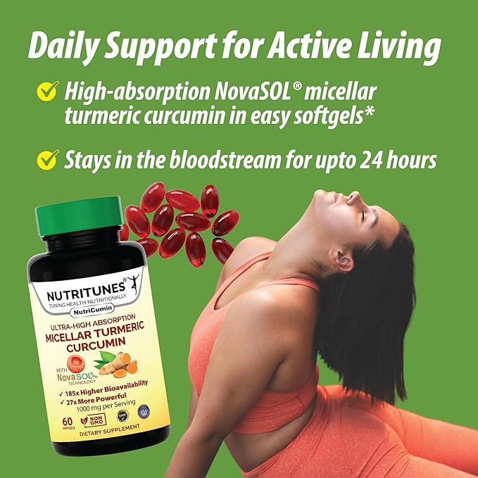 NutriCumin NovaSOL Turmeric Curcumin 1000 mg – 185× Absorption – Supports Joint Comfort &amp Mobility – Non‑GMO Softgels 60 Ct.